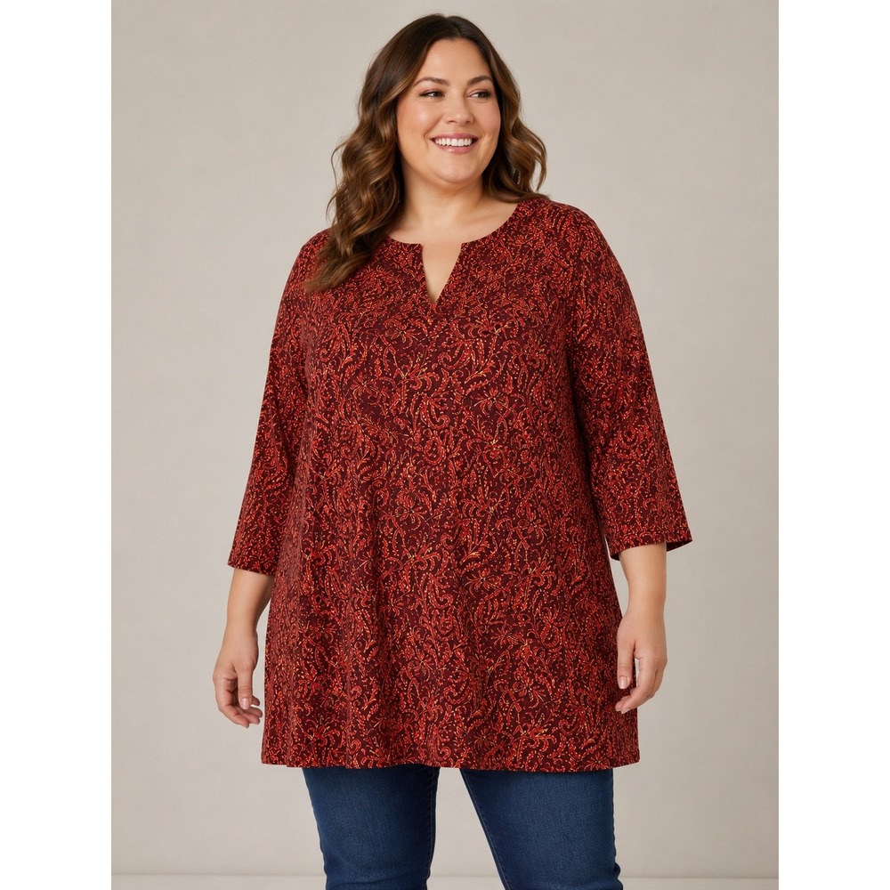Ulla Popken Red Floral Paisley‎ Split Neck Tunic Top 3/4 Sleeve US 32/34